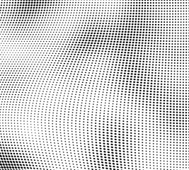 Abstract wave of halftone texture. Chaotic background of black dots on a white field. Template for printing on wrapping paper