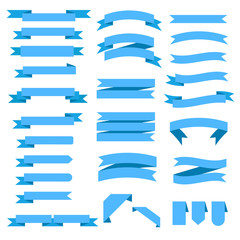 Set of flat tape banners for your design, many different blue ribbons on white, stock vector illustration
