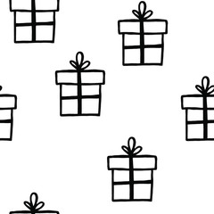 Winter Holiday cartoon seamless pattern with  presents. Christmas illustration isolated on white background. Merry Christmas and New year vector. Template design for invitation, poster, card.