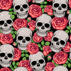 Skull and roses seamless pattern. Hand drawn vector illustration. Fabric design template. Skull background.