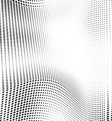 Abstract wave of halftone texture. Chaotic background of black dots on a white field. Template for printing on wrapping paper