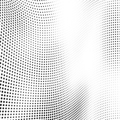 Fototapeta premium Abstract wave of halftone texture. Chaotic background of black dots on a white field. Template for printing on wrapping paper