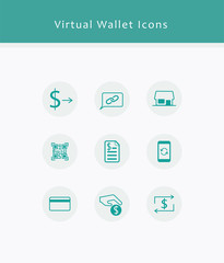 virtual wallet, icons, money, send, pay, reloads, transfers, qr, code