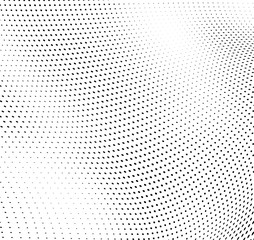 Abstract wave of halftone texture. Chaotic background of black dots on a white field. Template for printing on wrapping paper