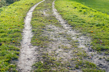 Endless wheel tracks on a muddy country road