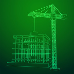 Building under construction with crane. Build house construct in process. Wireframe low poly mesh vector illustration