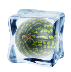 watermelon in ice cube, isolated on white background, clipping path, full depth of field