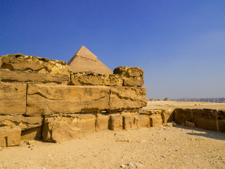 View of the Funerary Temple and the Pyramid of Khafre, Giza necropolis, Cairo, Egypt