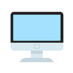 Fototapeta premium Big computer monitor with blue screen in cartoon style icon on white, stock vector illustration