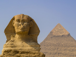 View of the Great Sphinx of Giza with the Pyramid of Khafre in the background. In Cairo, Egypt