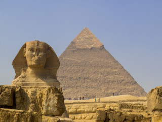 View of the Great Sphinx of Giza with the Pyramid of Khafre in the background. In Cairo, Egypt