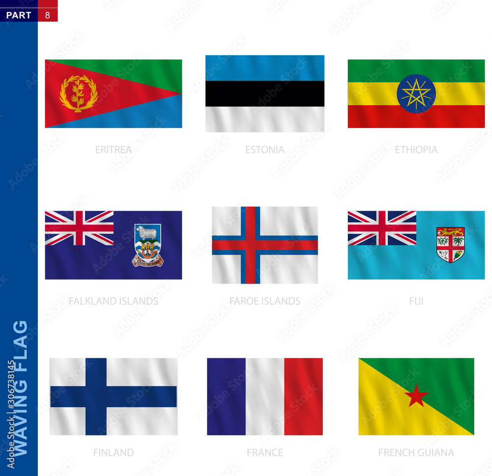 Poster waving flag collection in official proportion, nine vector flag.