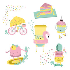 Sweet summer - cute ice cream, croissant on a bicycle,macaroons and coffee characters make fun. Pool, sea and beach summer activities concept vector illustrations. Stickers.