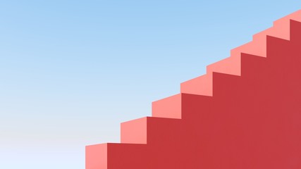 Bright design against the blue sky with tropical palm leaves - 3D, render.Architectural background of buildings with stairs and arches. Banner, poster, card for travel, presentations with copy space.