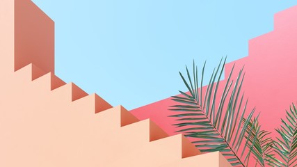 Fototapeta premium Bright design against the blue sky with tropical palm leaves - 3D, render.Architectural background of buildings with stairs and arches. Banner, poster, card for travel, presentations with copy space.