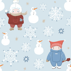 Seamless patten with cute winter babies and snowman