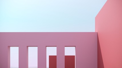 Architectural,conceptual composition on  bright pink background with stairs - 3d, render. Simple, stylish, popular architectural illustration for advertising, business, presentations, wallpapers.