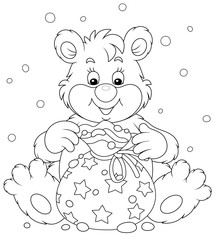 Joyful and friendly smiling little polar bear and a beautiful bag with holiday gifts, black and white outline vector cartoon illustration