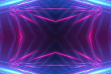 Dark abstract futuristic background. Neon lines glow. Neon lines, shapes. Multi-colored glow, blurry lights, bokeh. Empty stage background