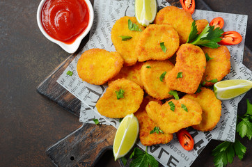 Crispy Fried Chicken Nuggets with Tomato Sauce on Dark Background 