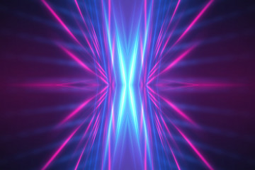 Dark abstract futuristic background. Neon lines glow. Neon lines, shapes. Multi-colored glow, blurry lights, bokeh. Empty stage background