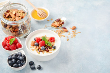 Homemade granola with yogurt and fresh berries, healthy breakfast concept, selective focus.