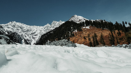 View of the snow covered mountains at Solang Valley in Manali, Himachal Pradesh, India