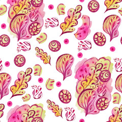 Watercolor pink and yellow seamless pattern with plant elements on a white background