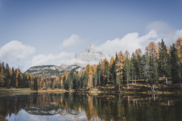 Moutnain above forest, autumn at the lake in Dolomites Italy