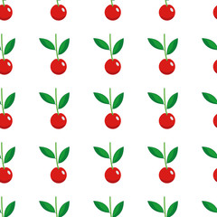 Seamless red cherry fruit pattern on white background.