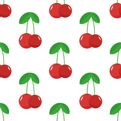 Seamless red cherry fruit pattern on white background.