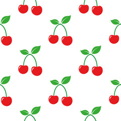 Seamless red cherry fruit pattern on white background.