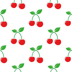 Seamless red cherry fruit pattern on white background.