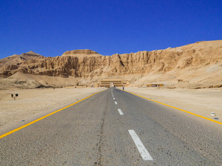 View of the street leading to the Mortuary Temple of Hatshepsut in Luxor, Egypt