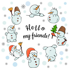 Set of snowmen in various poses. Christmas, New Year. Vector