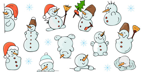 Set of snowmen in various poses. Christmas, New Year. Vector