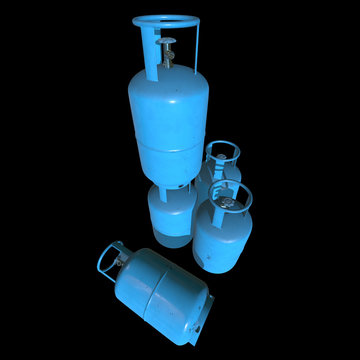 Gas cylinder lpg tank gas-bottle. Propane gas-cylinder balloon. Cylindrical container with liquefied compressed gases with high pressure and valves 3d render on black background