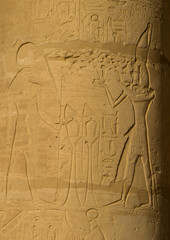 Fototapeta na wymiar Hieroglyphics on pillar in the Ramesseum Temple in Luxor, Egypt
