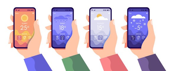 Hands holding smartphone with weather app, cloudy, rainy and sunny day concept, touchscreen device with different seasons and daily temperature, vector flat illustration for websites and banners desig