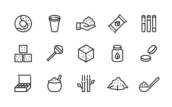 Sugar line icon. Candies and coffee sweeteners, sugar in cubes bags and packages, cane and stevia organic sugar symbols. Vector shapes image pictograms sugaring products set