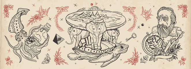 Flat Earth theory. Traditional tattooing style. Turtle and three elephants. Octopus kraken and Galileo scientist. Old school tattoo vector collection