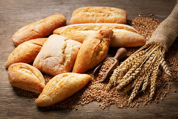 fresh bread with wheat ears and grains