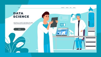 Science landing page. Cartoon scientists and doctors doing scientific research and experiments. Vector web page template professional research medicine chemical laboratory for student