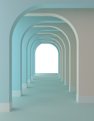 3d rendering of empty corridor with doors. Arches experiment. Mock up