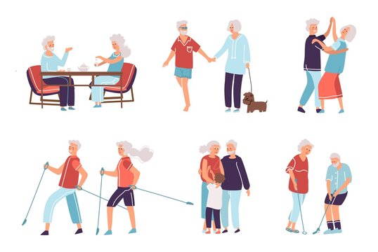 Old people. Cartoon hand drawn elderly persons and couples, grandparents in different activities. Flat style vector happy senior age people, male and female exercise in older age