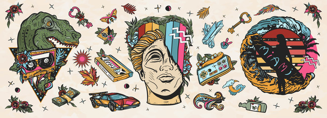 Retro wave music art. Old school tattoo vector collection. Statue head, laser tyrannosaur, surfing woman, future car. Audio cassette, VHS type. Nostalgic cyberpunk style, 80s and 90s pop culture