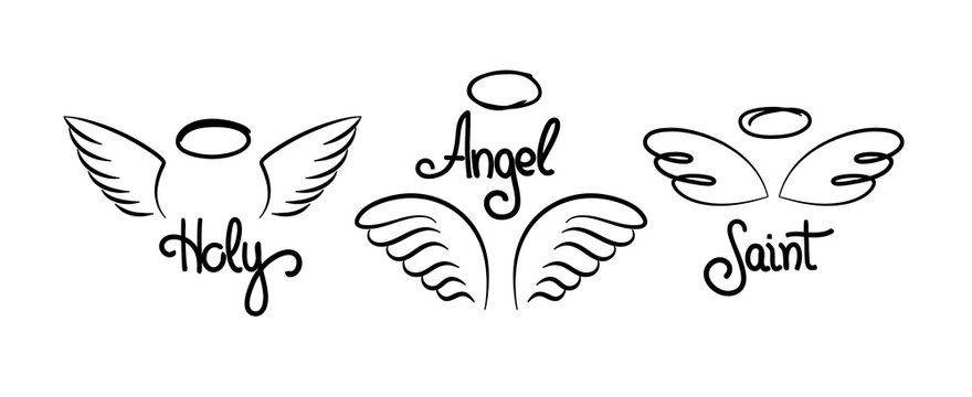 Doodle wings logo. Pair of hand drawn angel wings with decorative text and halo, heavenly religious line emblems. Vector set illustration doodles divine holy symbol on white background
