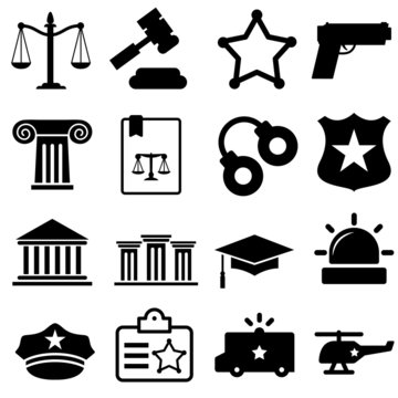 	 Law and justice line icons set vector illustration. Contains such icon as arrest, authority, courthouse, gavel, legal, weapon and more. Editable stroke