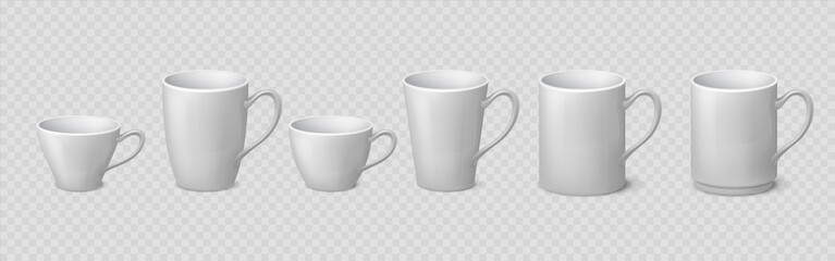 Realistic coffee mug. Blank ceramic white cup mockups isolated on transparent background, 3D porcelain teacup. Vector isolate illustration mock up clean coffee or tea drinking cups set
