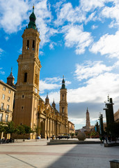 Fototapeta na wymiar Zaragoza, Spain/Europe; 12/11/2019: Pillar Square (Plaza del PIlar), La Seo Cathedral and the Basilica of Our Lady of the Pillar in the downtown of Zaragoza, Spain